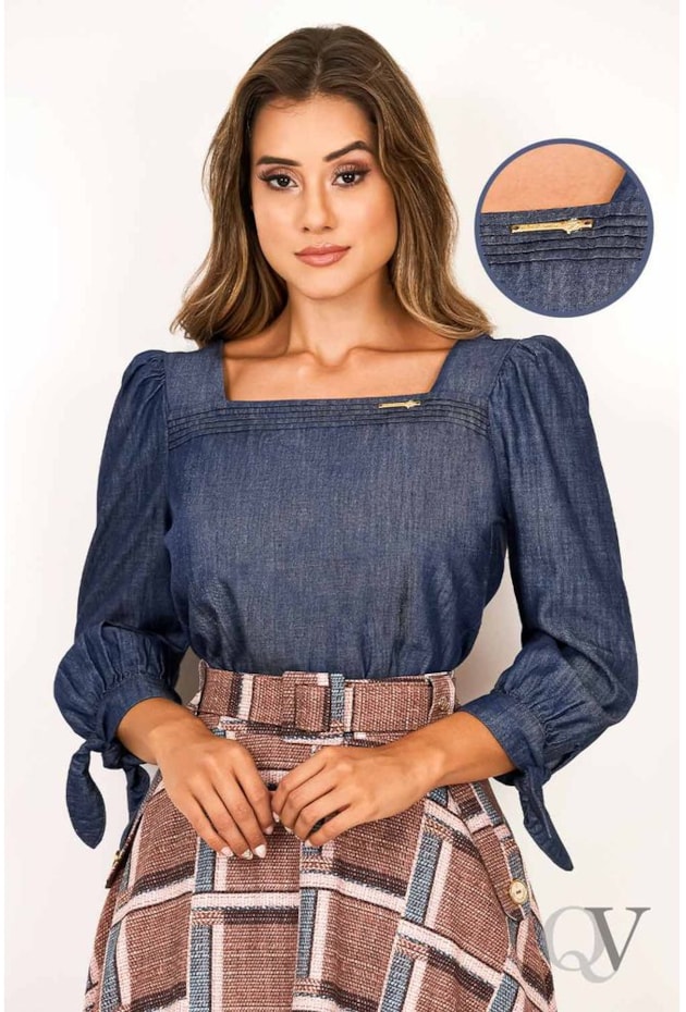BLUSA JEANS DETALHE PREGAS - VIA TOLENTINO BLUSA JEANS DETALHE PREGAS - VIA TOLENTINO