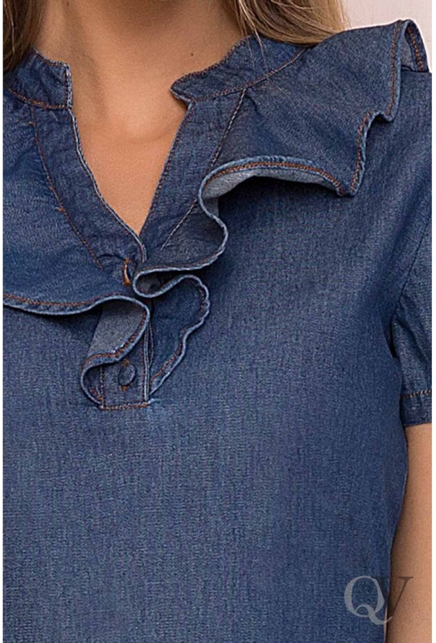 BLUSA JEANS GOLA V E BABADO NO DECOTE - LAURA ROSA BLUSA JEANS GOLA V E BABADO NO DECOTE - LAURA ROSA