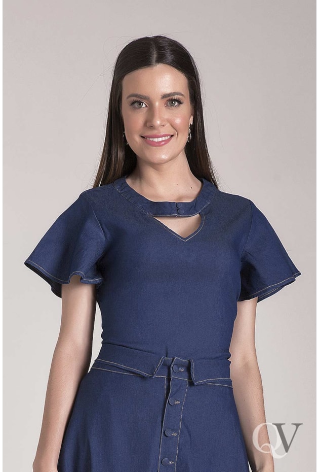 BLUSA JEANS MANGA GODÊ BUSTO VAZADO - LAURA ROSA BLUSA JEANS MANGA GODÊ BUSTO VAZADO - LAURA ROSA