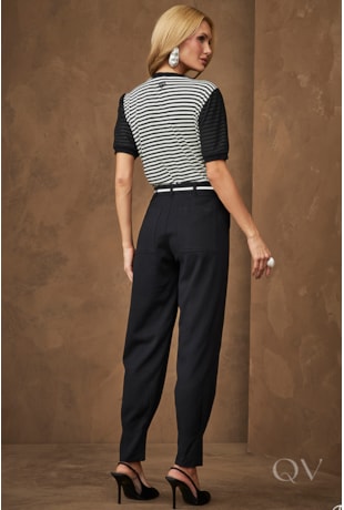 BLUSA LISTRADA COM RENDA EM VISCOSE PRETO - ARTSY