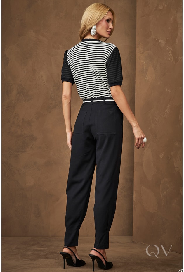 BLUSA LISTRADA COM RENDA EM VISCOSE PRETO - ARTSY