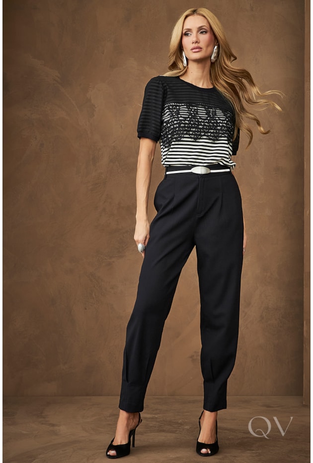 BLUSA LISTRADA COM RENDA EM VISCOSE PRETO - ARTSY