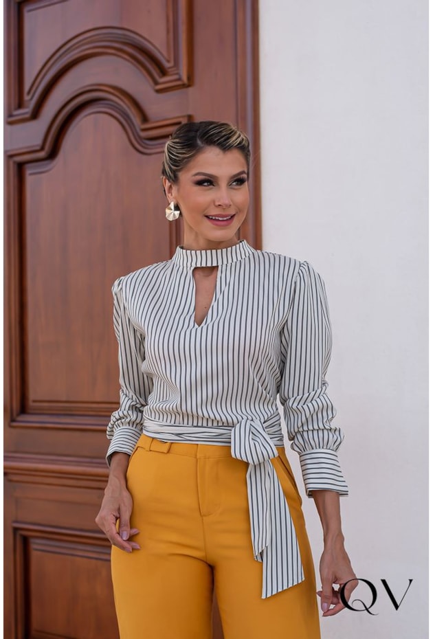 BLUSA LISTRADA DECOTE COM ABERTURA PRETO - EVA BELLA BLUSA LISTRADA DECOTE COM ABERTURA PRETO - EVA BELLA