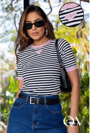 BLUSA LISTRADA EM MALHA CANELADA ROSA E P&B - LUZIA FAZZOLLI