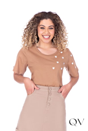 BLUSA MALHA BORDADO CORAÇÕES BEGE - HAPUK