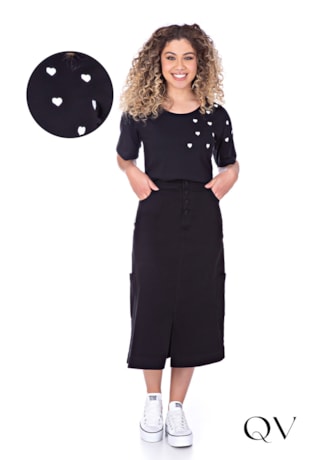 BLUSA MALHA BORDADO CORAÇÕES PRETO - HAPUK