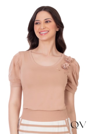BLUSA MALHA BORDADO FLORES NUDE - HAPUK