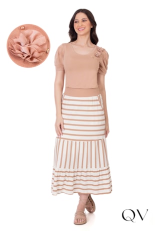 BLUSA MALHA BORDADO FLORES NUDE - HAPUK