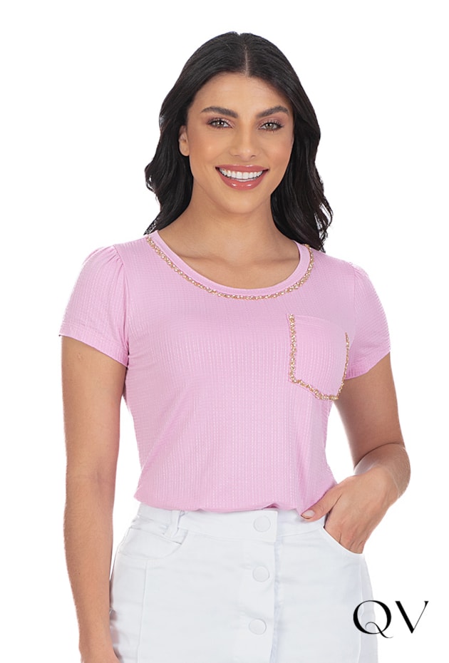 BLUSA MALHA BORDADO STRASS ROSA - HAPUK