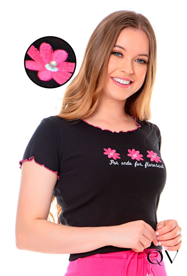 BLUSA MALHA CANELADA COM BORDADO FLORES PRETO - HAPUK BLUSA MALHA CANELADA COM BORDADO FLORES PRETO - HAPUK