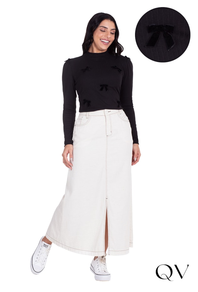 BLUSA MALHA CANELADA COM LAÇOS DE VELUDO PRETO - HAPUK 