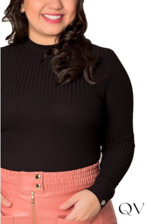 BLUSA MALHA CANELADA GOLA ALTA PRETO - HAPUK