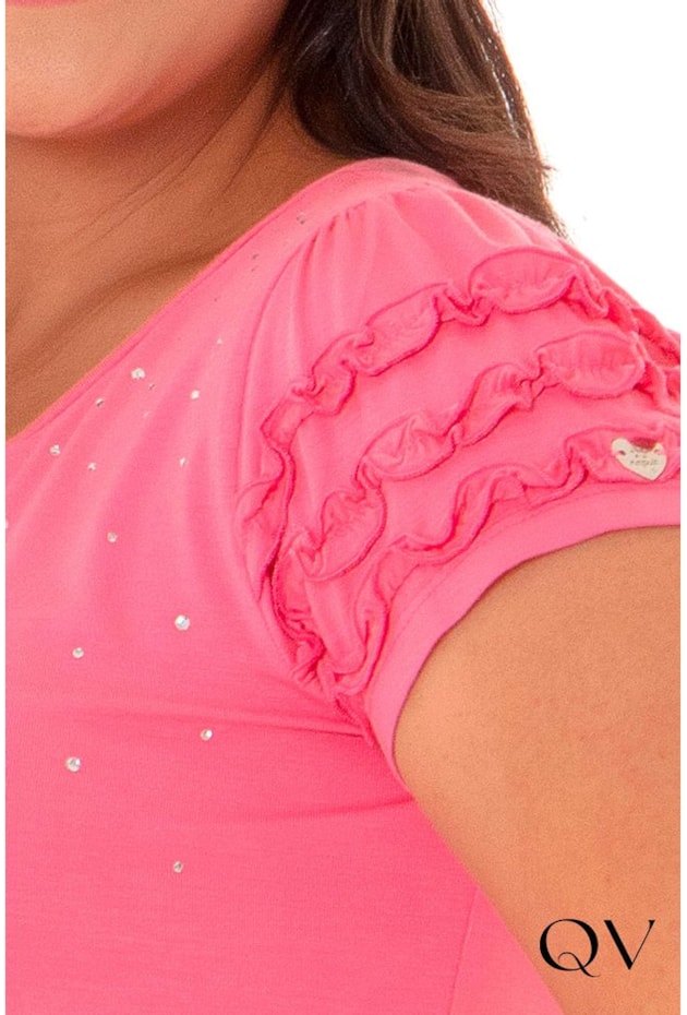 BLUSA MALHA COM BABADOS E TERMOCOLANTE ROSA - HAPUK