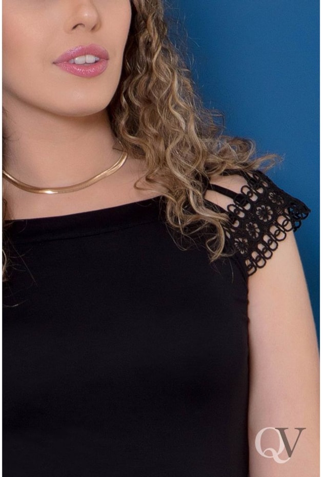 BLUSA MALHA MANGA DE GUIPIR PRETO - PURO SHARMY BLUSA MALHA MANGA DE GUIPIR PRETO - PURO SHARMY