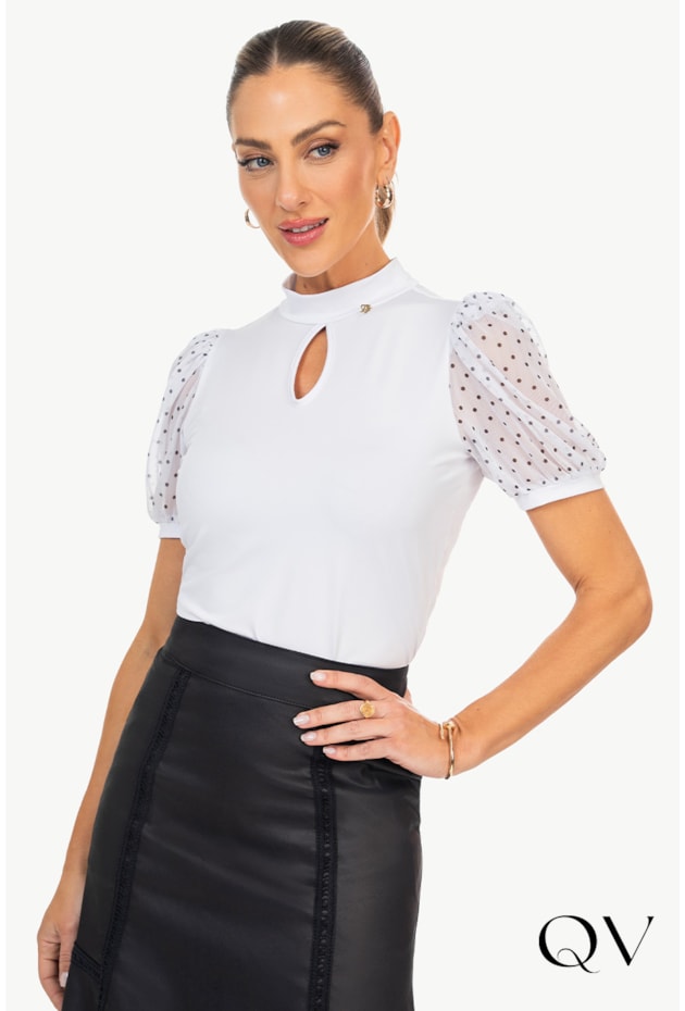 BLUSA MALHA MANGAS TULE POÁ OFF - VIA TOLENTINO BLUSA MALHA MANGAS TULE POÁ OFF - VIA TOLENTINO