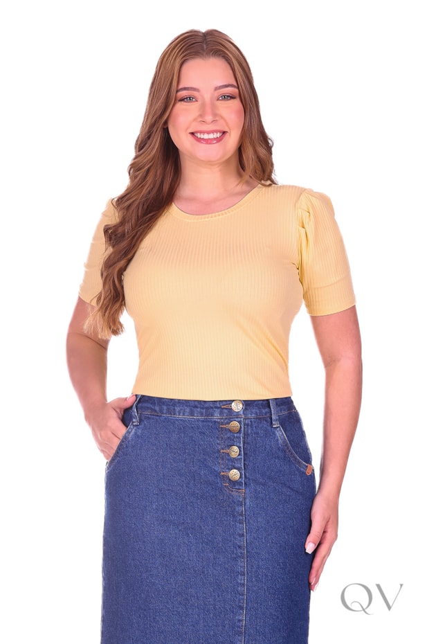 BLUSA MANGA CURTA EM MALHA CANELADA AMARELO CLARO - HAPUK