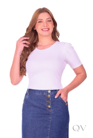 BLUSA MANGA CURTA EM MALHA CANELADA BRANCO - HAPUK