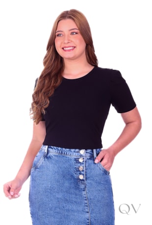BLUSA MANGA CURTA EM MALHA CANELADA PRETO - HAPUK