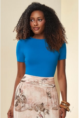 BLUSA MANGA CURTA EM MALHA DE ALGODÃO AZUL JEANS - DOCE TRAMA