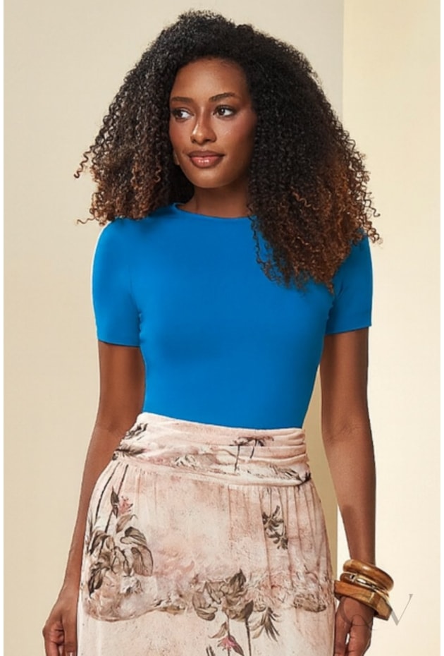 BLUSA MANGA CURTA EM MALHA DE ALGODÃO AZUL JEANS - DOCE TRAMA