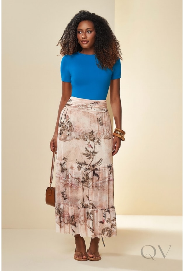 BLUSA MANGA CURTA EM MALHA DE ALGODÃO AZUL JEANS - DOCE TRAMA