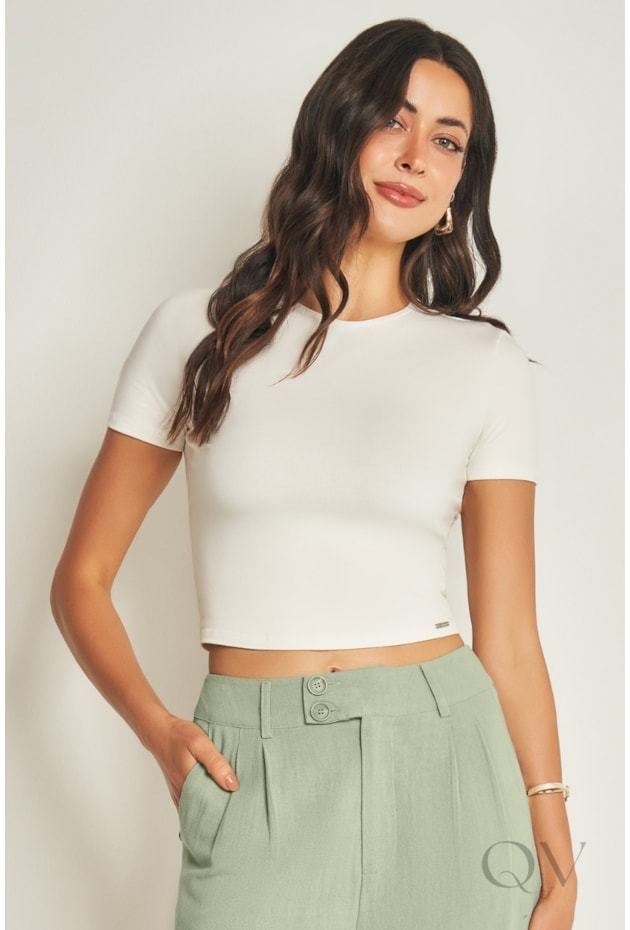 BLUSA MANGA CURTA EM MALHA DE ALGODÃO BRANCO - DOCE TRAMA