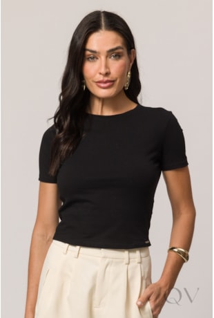 BLUSA MANGA CURTA EM MALHA DE ALGODÃO PRETO - DOCE TRAMA