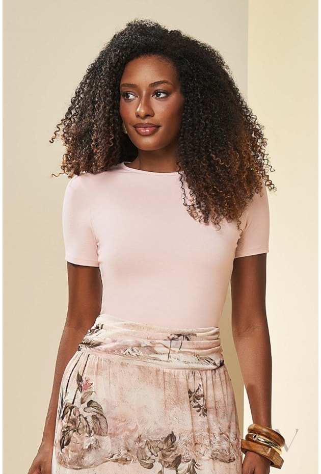 BLUSA MANGA CURTA EM MALHA DE ALGODÃO ROSA PÓ - DOCE TRAMA