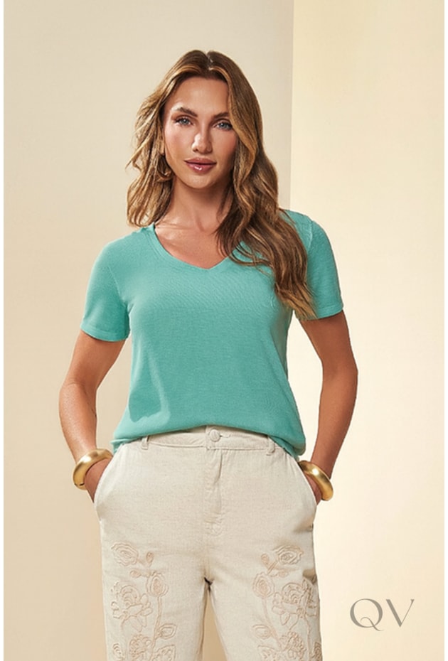 BLUSA MANGA CURTA EM MALHA TRICOT FLAMÊ AZUL PASTEL - DOCE TRAMA