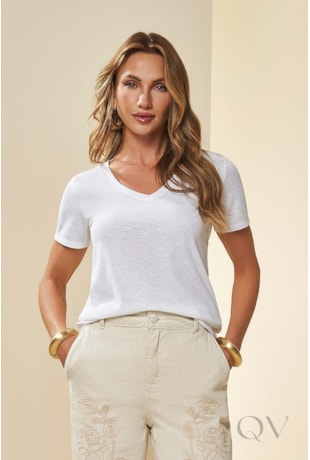 BLUSA MANGA CURTA EM MALHA TRICOT FLAMÊ BRANCO - DOCE TRAMA
