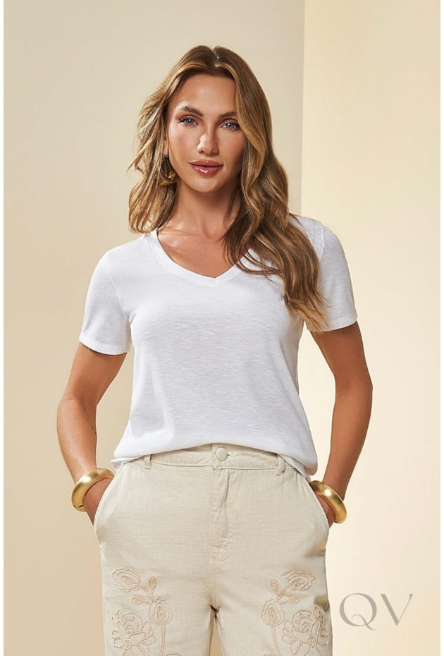 BLUSA MANGA CURTA EM MALHA TRICOT FLAMÊ BRANCO - DOCE TRAMA