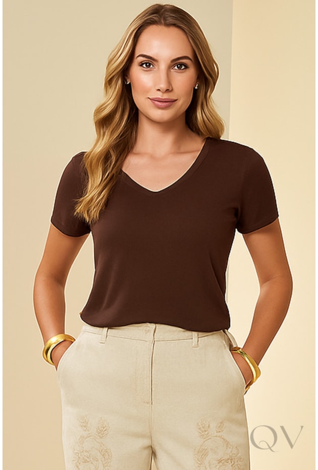 BLUSA MANGA CURTA EM MALHA TRICOT FLAMÊ CACAU - DOCE TRAMA