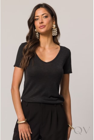 BLUSA MANGA CURTA EM MALHA TRICOT FLAMÊ PRETO - DOCE TRAMA