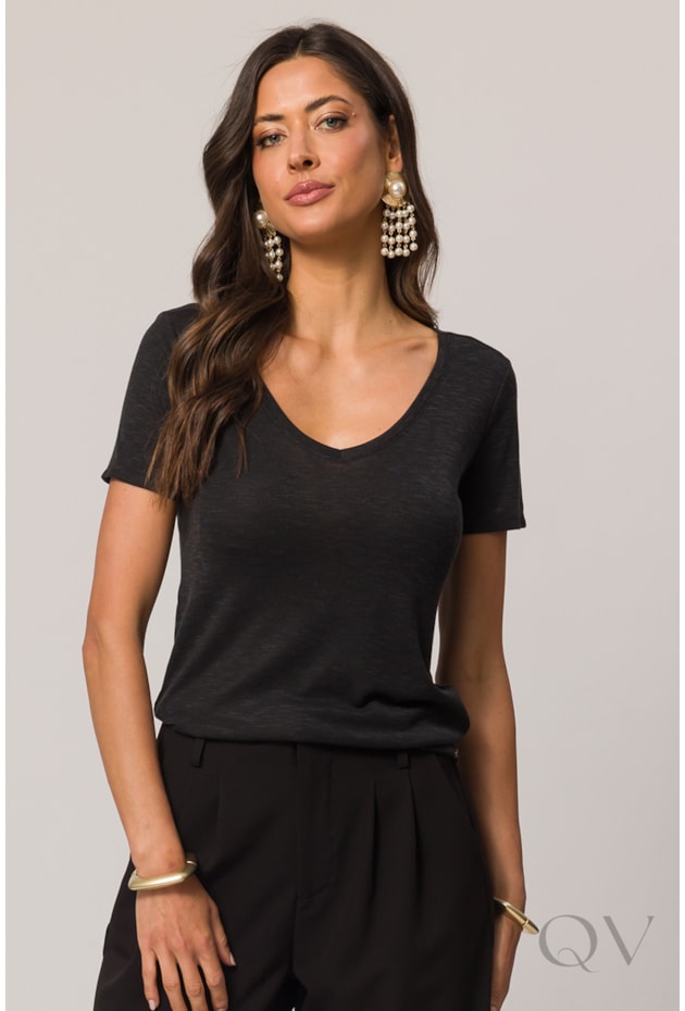 BLUSA MANGA CURTA EM MALHA TRICOT FLAMÊ PRETO - DOCE TRAMA BLUSA MANGA CURTA EM MALHA TRICOT FLAMÊ PRETO - DOCE TRAMA