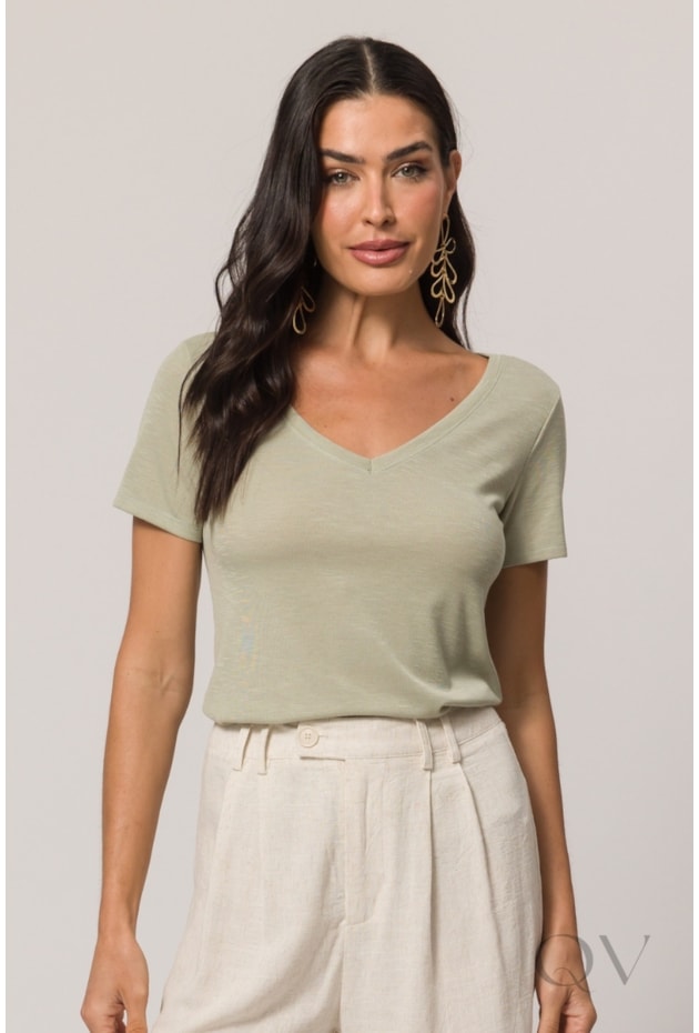 BLUSA MANGA CURTA EM MALHA TRICOT FLAMÊ VERDE CHÁ - DOCE TRAMA
