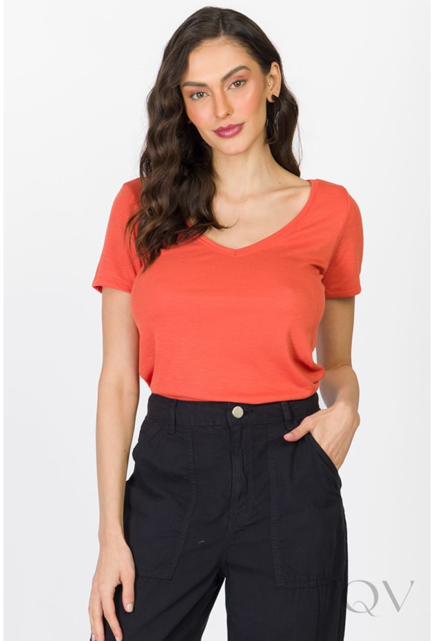 BLUSA MANGA CURTA EM MALHA TRICOT FLAMÊ VERMELHO - DOCE TRAMA