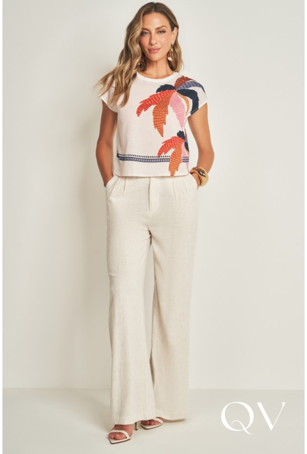 BLUSA MANGA CURTA EM PLANO CREPE STRIPE OFF WHITE - DOCE TRAMA