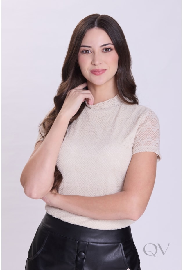 BLUSA MANGA CURTA EM RENDA BEGE - HAPUK
