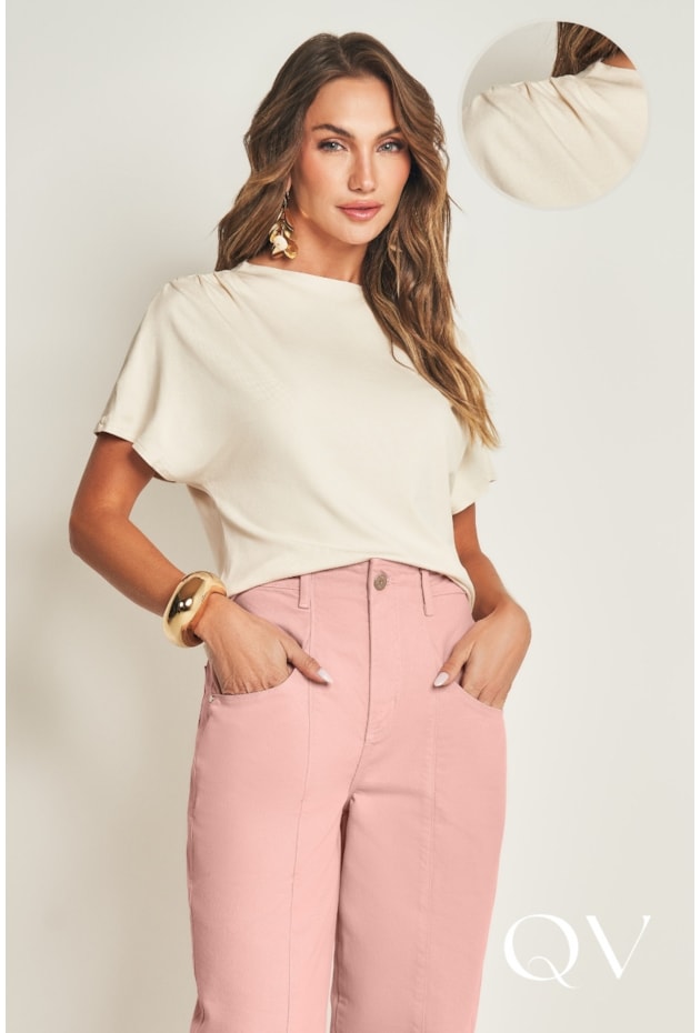 BLUSA MANGA CURTA EM RIBANA DE VISCOSE GIZ - DOCE TRAMA