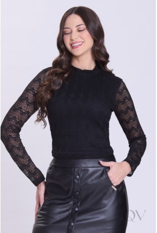 BLUSA MANGA LONGA EM RENDA PRETO - HAPUK