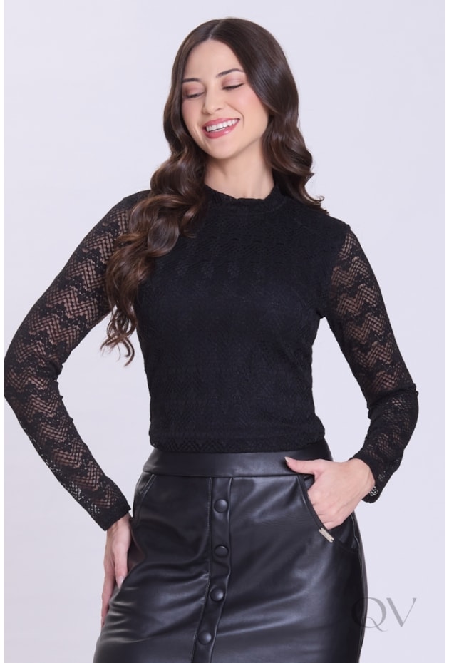 BLUSA MANGA LONGA EM RENDA PRETO - HAPUK