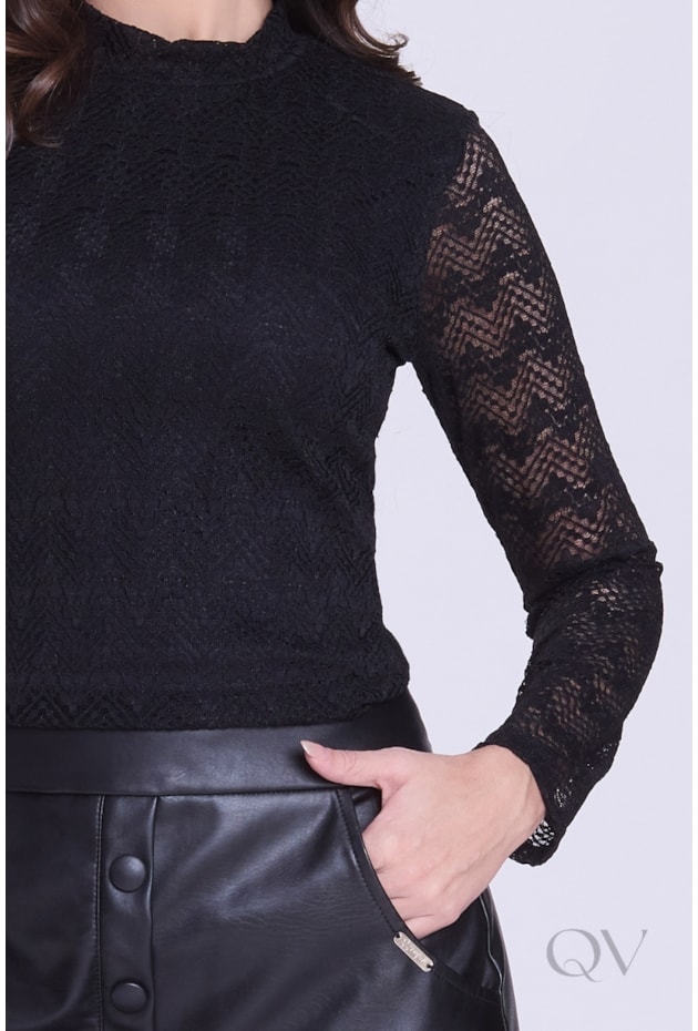 BLUSA MANGA LONGA EM RENDA PRETO - HAPUK