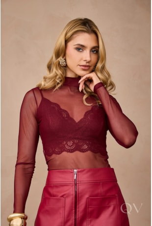 BLUSA MANGA LONGA EM TULE BORDÔ - ARTSY