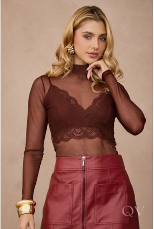 BLUSA MANGA LONGA EM TULE MARROM - ARTSY