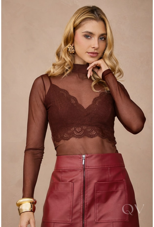 BLUSA MANGA LONGA EM TULE MARROM - ARTSY