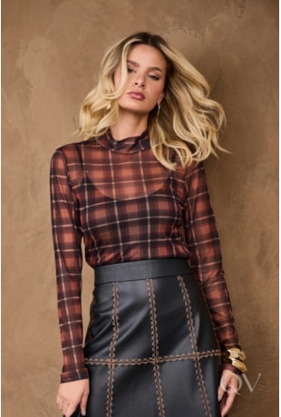BLUSA MANGA LONGA EM TULE XADREZ MARROM - ARSTY