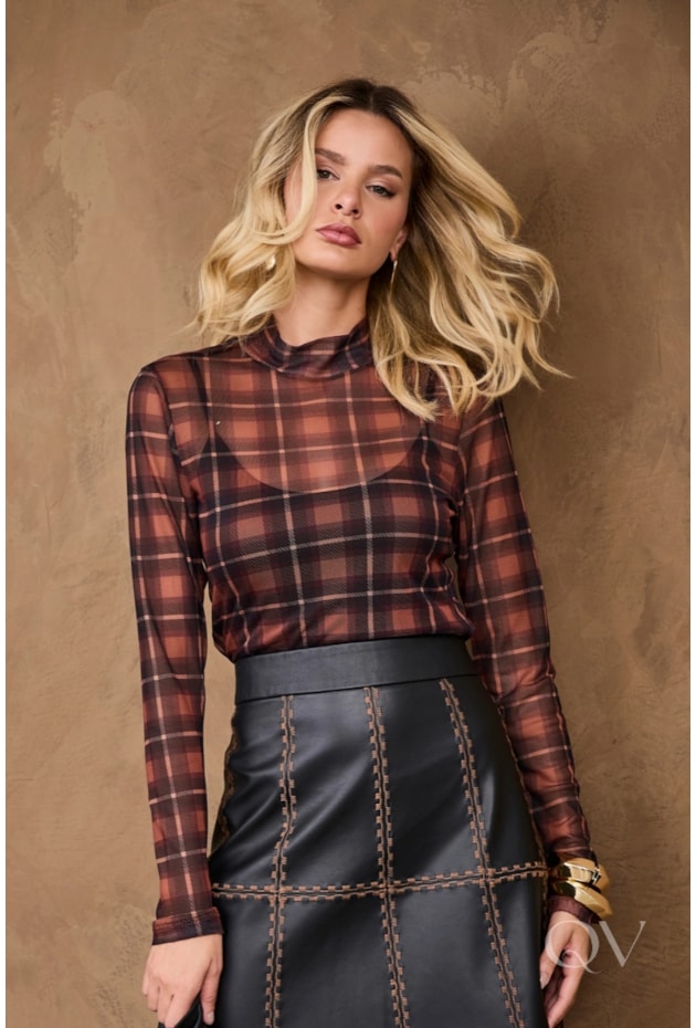 BLUSA MANGA LONGA EM TULE XADREZ MARROM - ARSTY