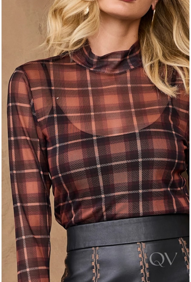 BLUSA MANGA LONGA EM TULE XADREZ MARROM - ARSTY