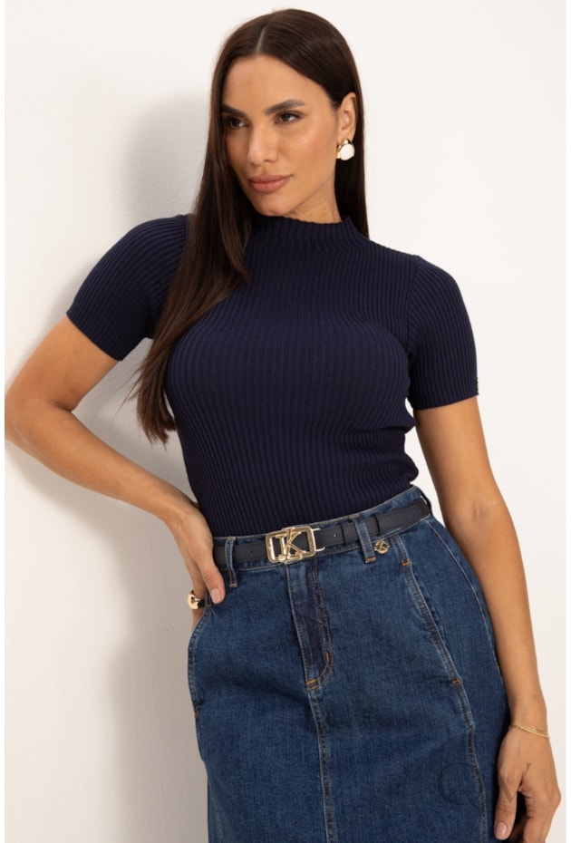 BLUSA MEIA GOLA EM TRICOT AZUL MARINHO - LEKAZIS