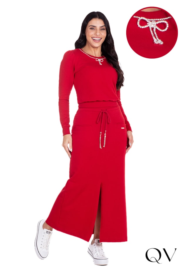 BLUSA MOLETINHO DECOTE EM RIBANA VERMELHO - HAPUK